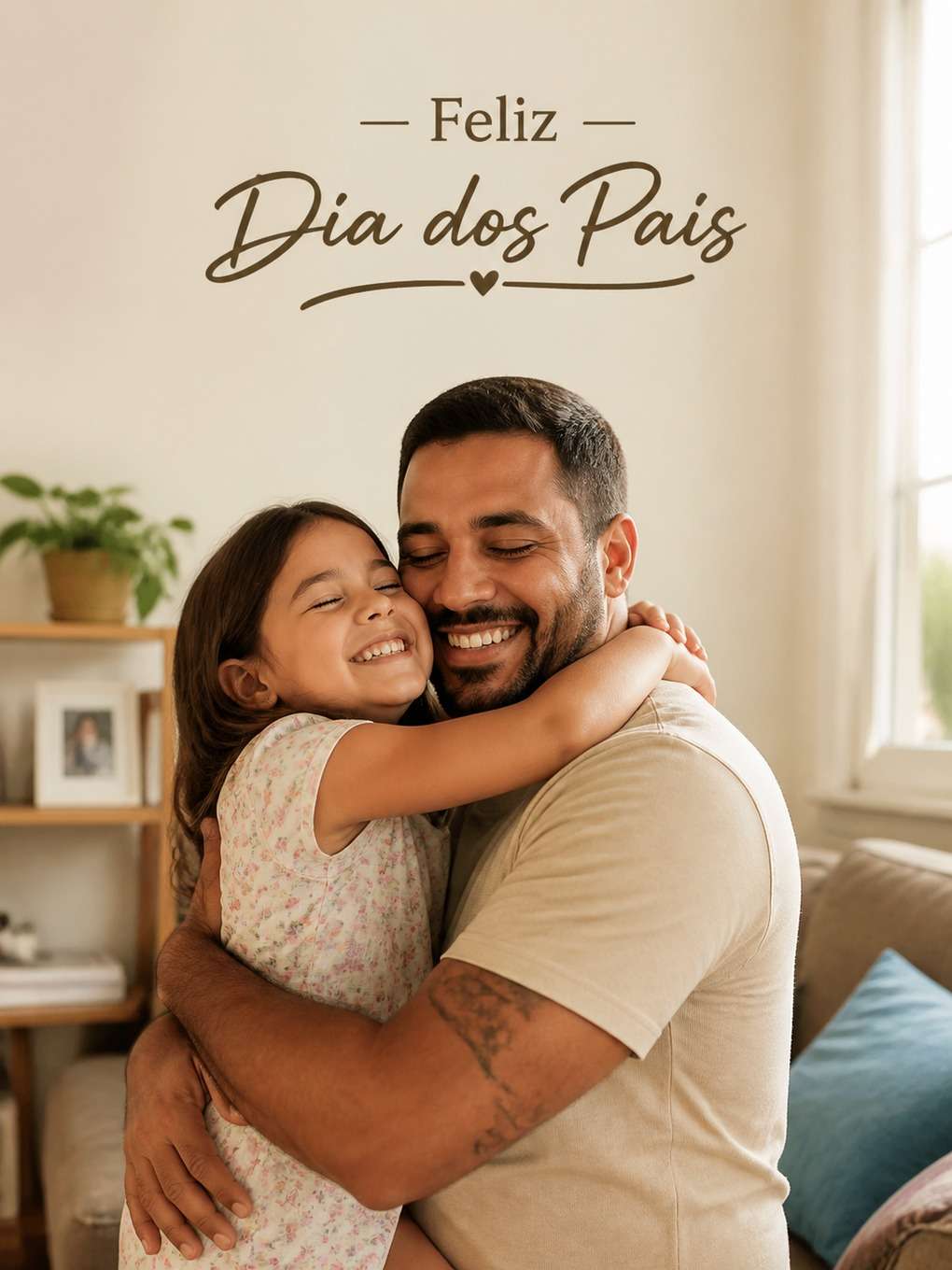 pai e filha no sofá com mensagem carinhosa - exemplo de fotos com mensagens de dia dos pais