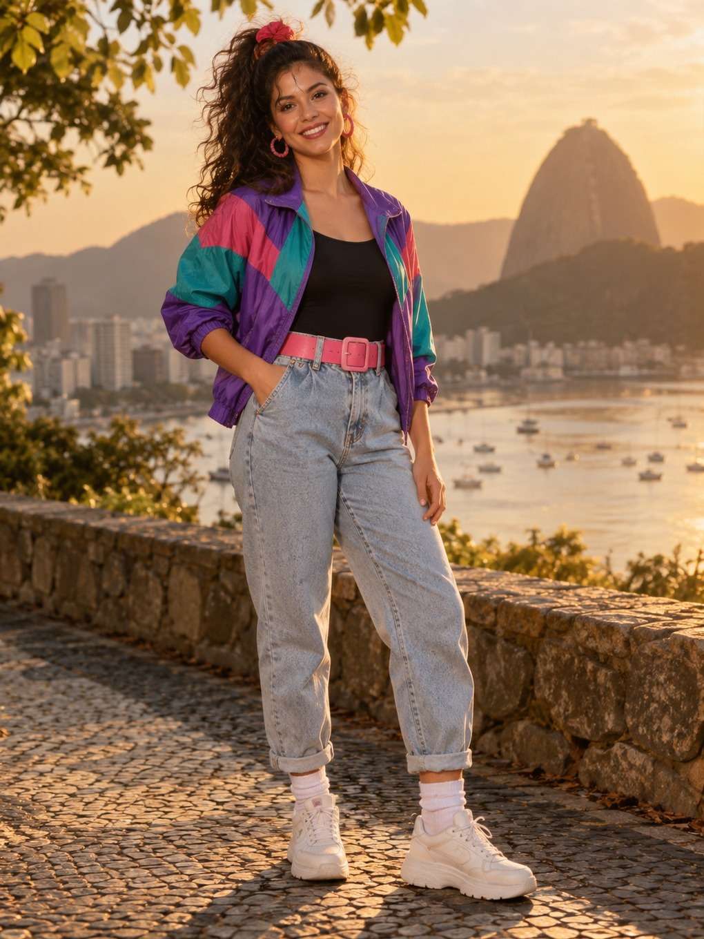 cena ao ar livre com luz dourada - exemplo de look anos 80 feminino