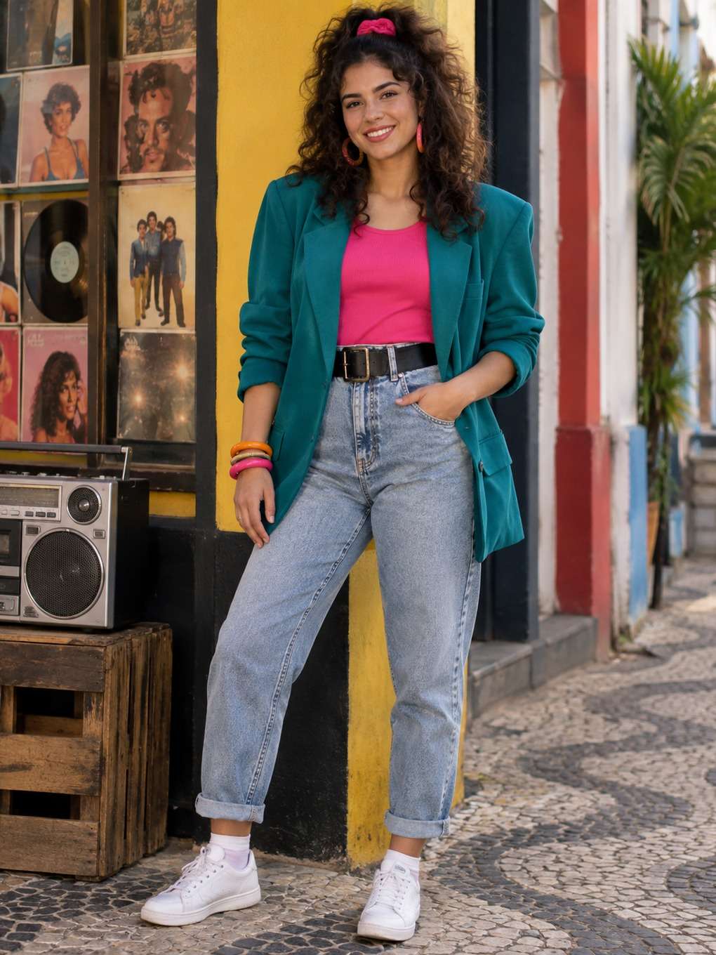 composição editorial para redes sociais - exemplo de look anos 80 feminino