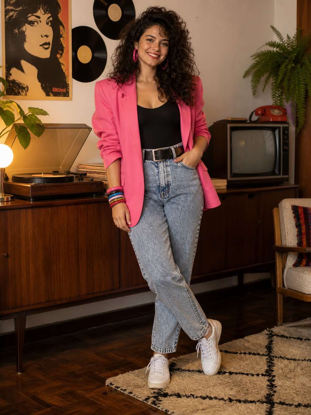composição vertical elegante - exemplo de look anos 80 feminino