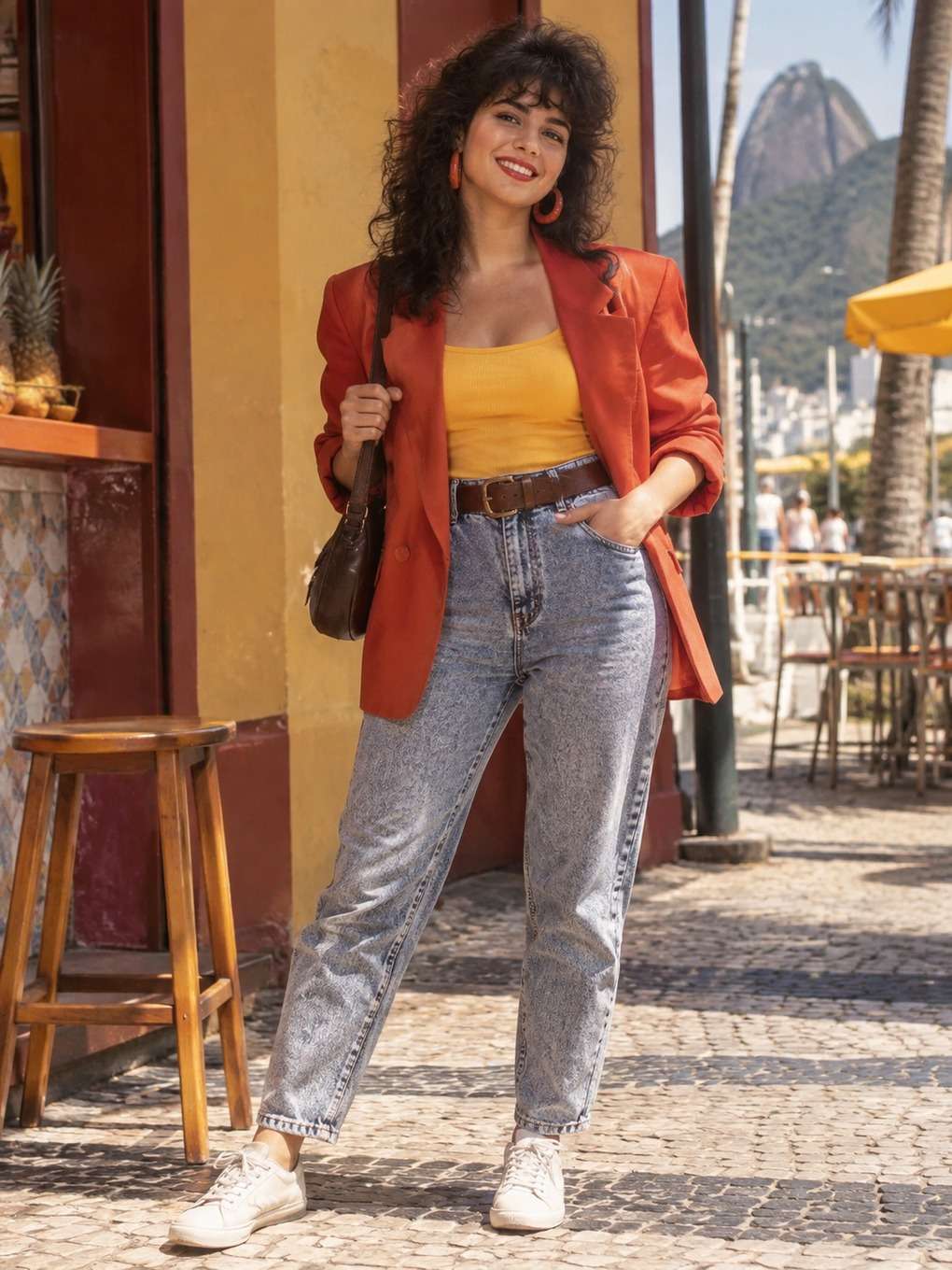 cores quentes e naturais - exemplo de look anos 80 feminino
