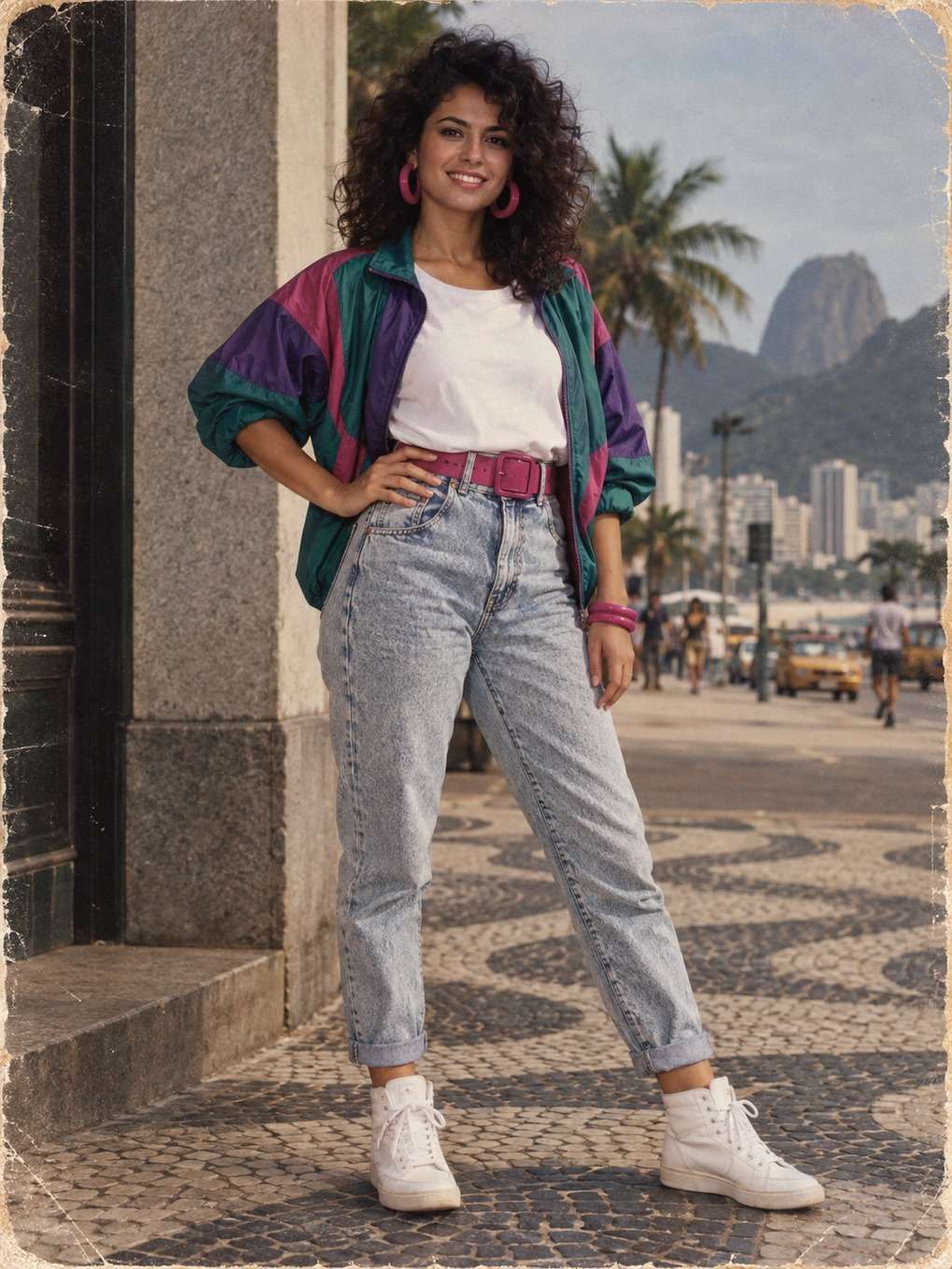 cartaz vertical com textura de papel - exemplo de look anos 80 feminino