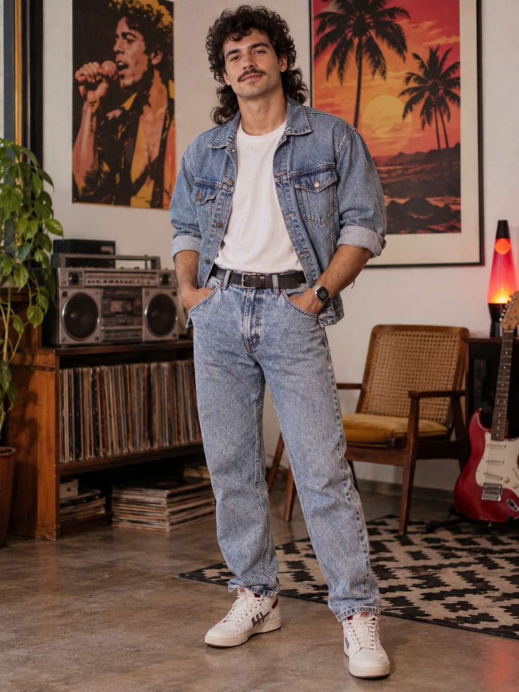 fundo limpo com foco no assunto - exemplo de look anos 80 masculino