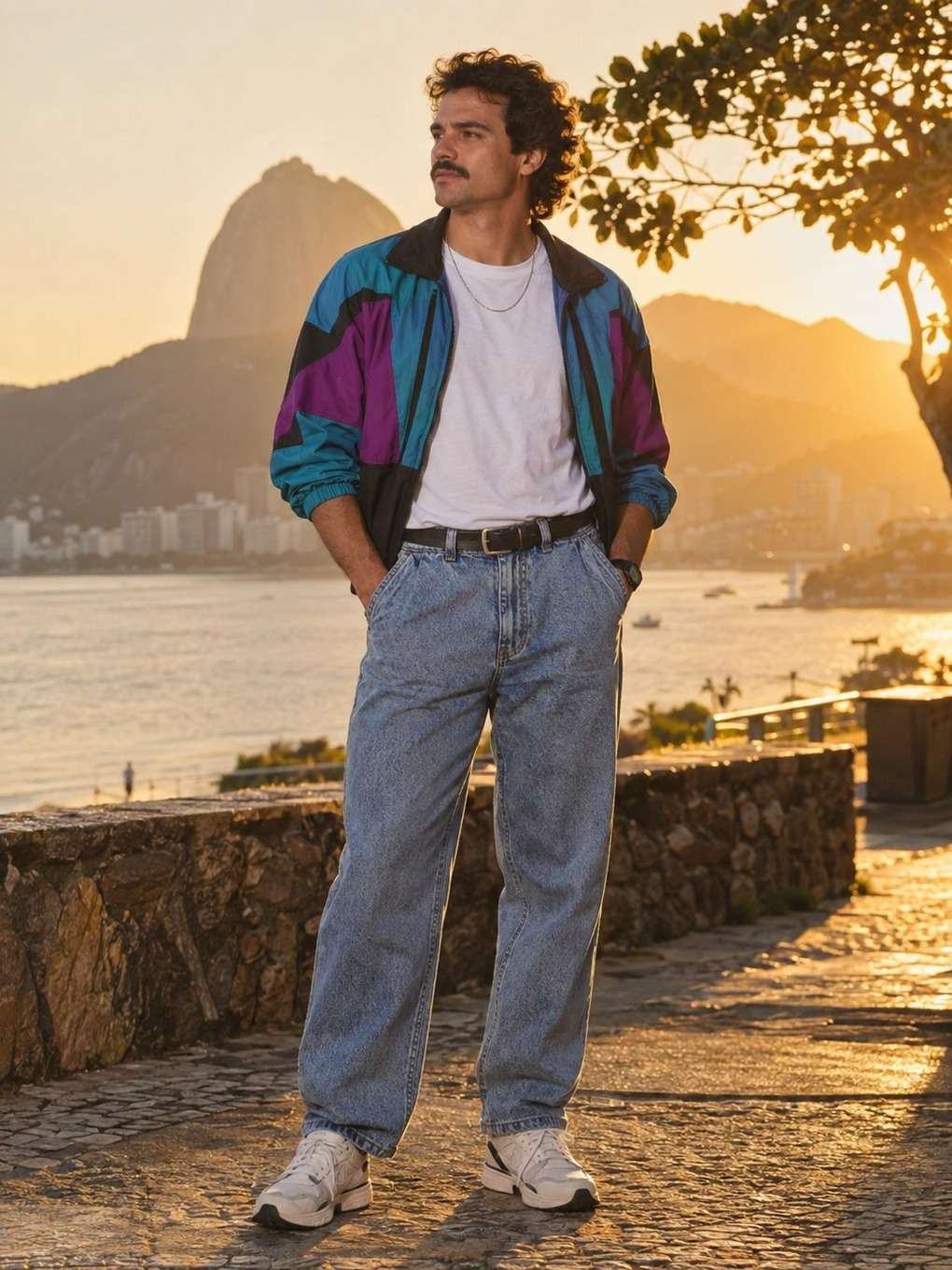 cena ao ar livre com luz dourada - exemplo de look anos 80 masculino