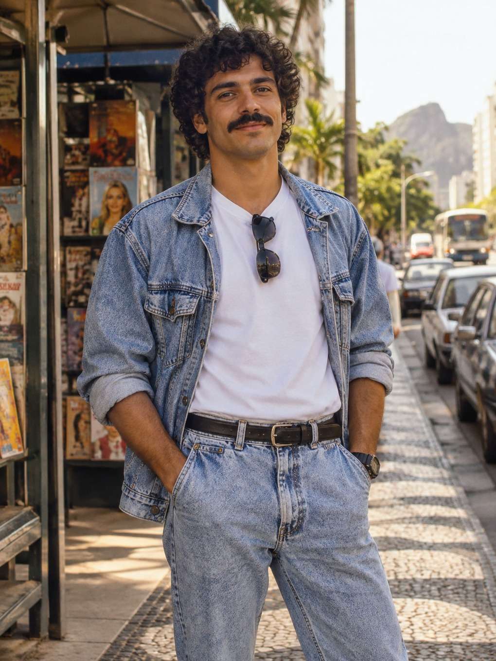 cena cotidiana com autenticidade - exemplo de look anos 80 masculino