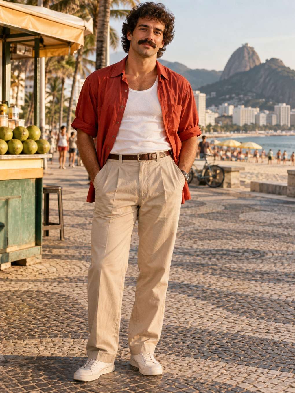 cores quentes e naturais - exemplo de look anos 80 masculino