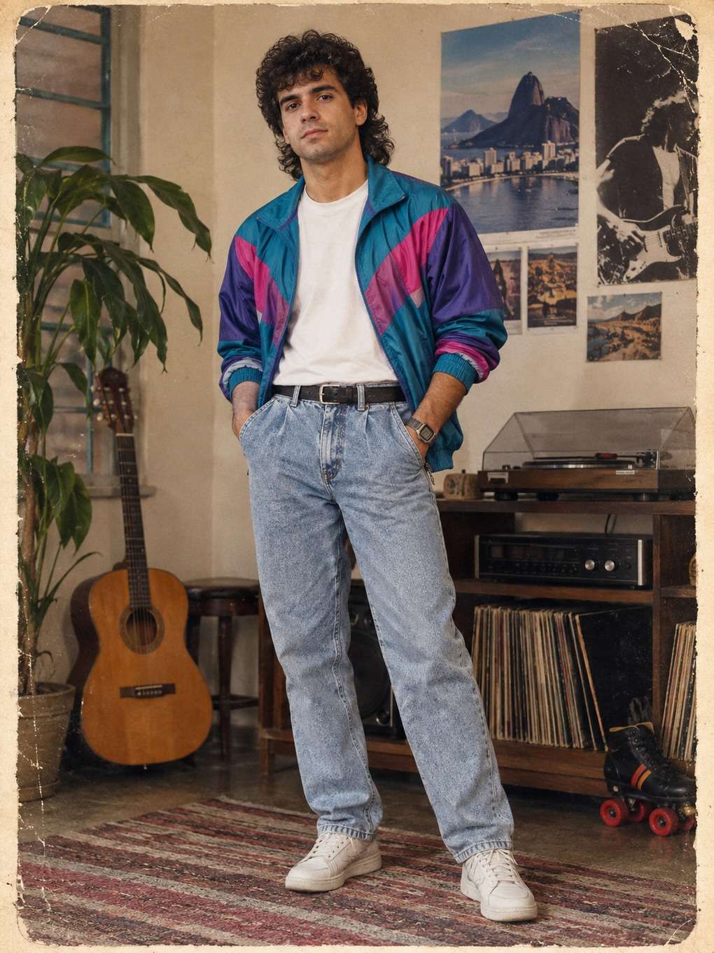 cartaz vertical com textura de papel - exemplo de look anos 80 masculino