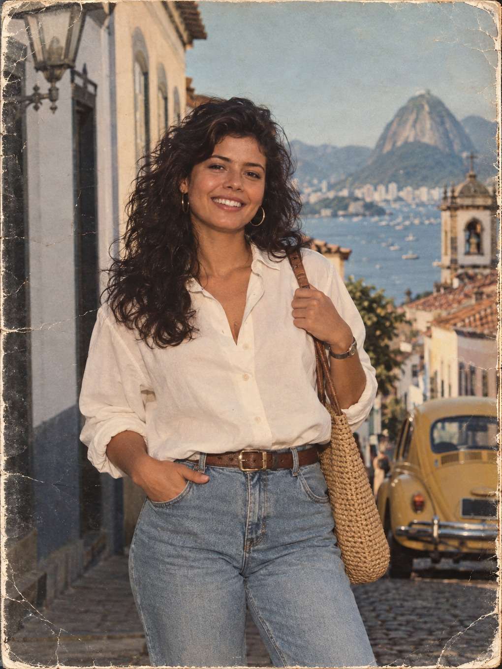 cartaz vertical com textura de papel - exemplo de prompt anos 80
