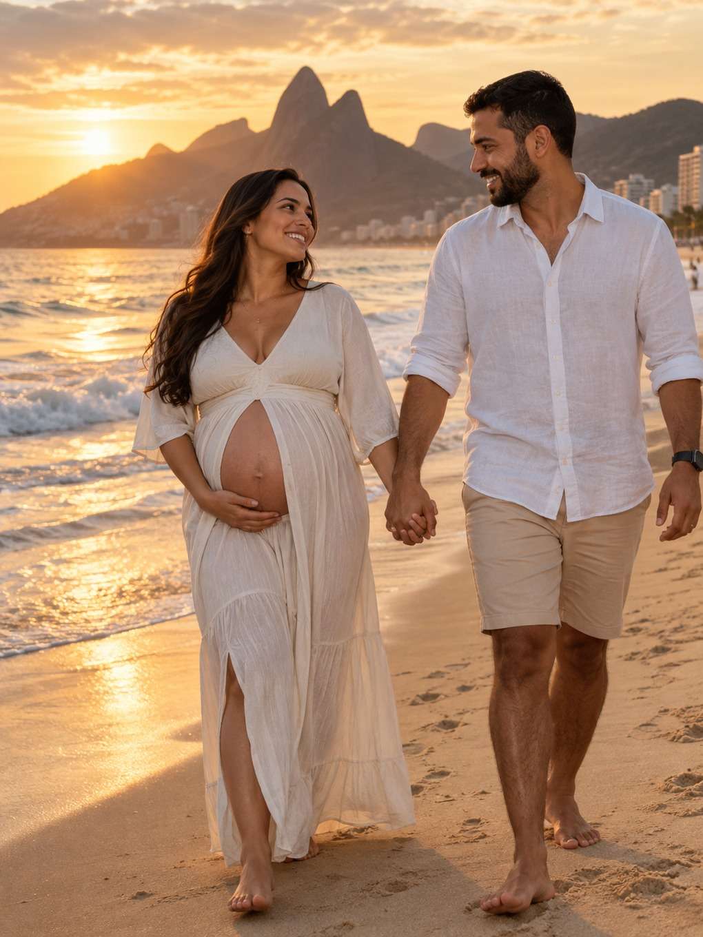 caminhada na praia - exemplo de prompt ensaio gestante casal