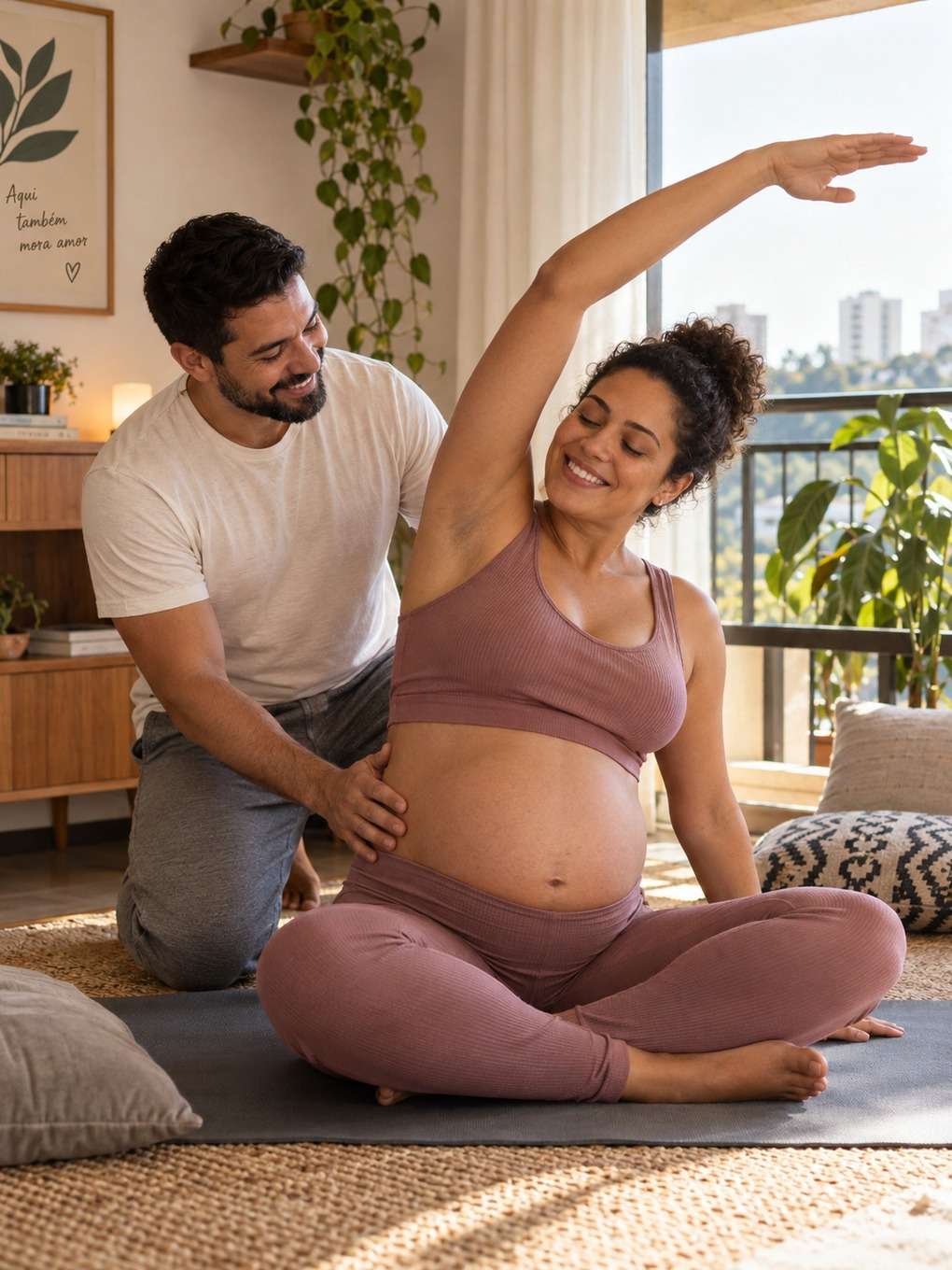 apoio no alongamento - exemplo de prompt ensaio gestante casal