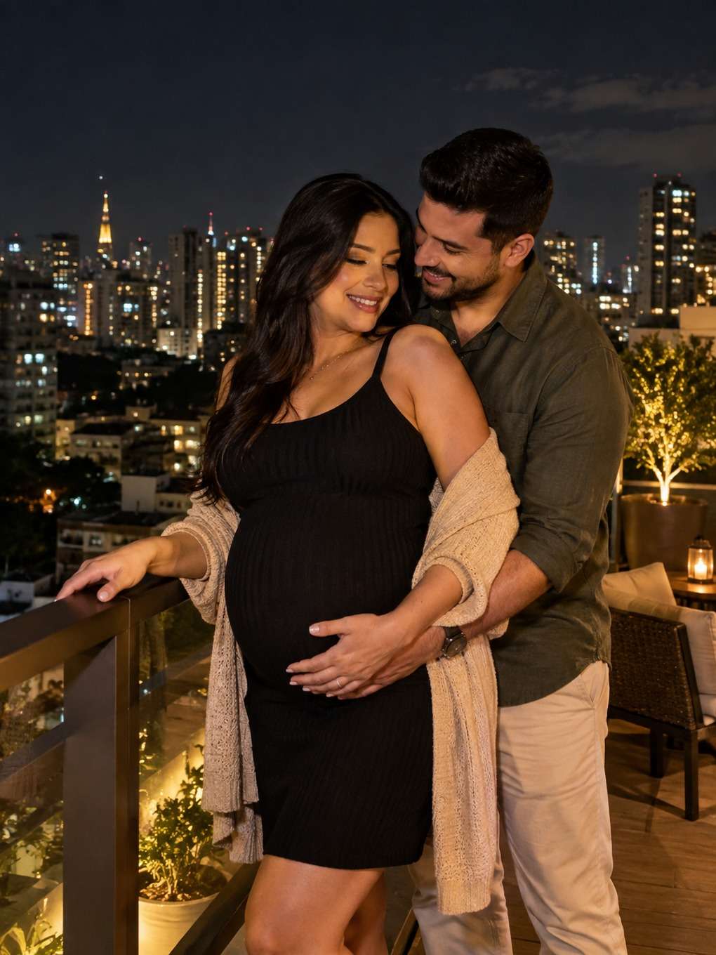 terraço urbano - exemplo de prompt ensaio gestante casal