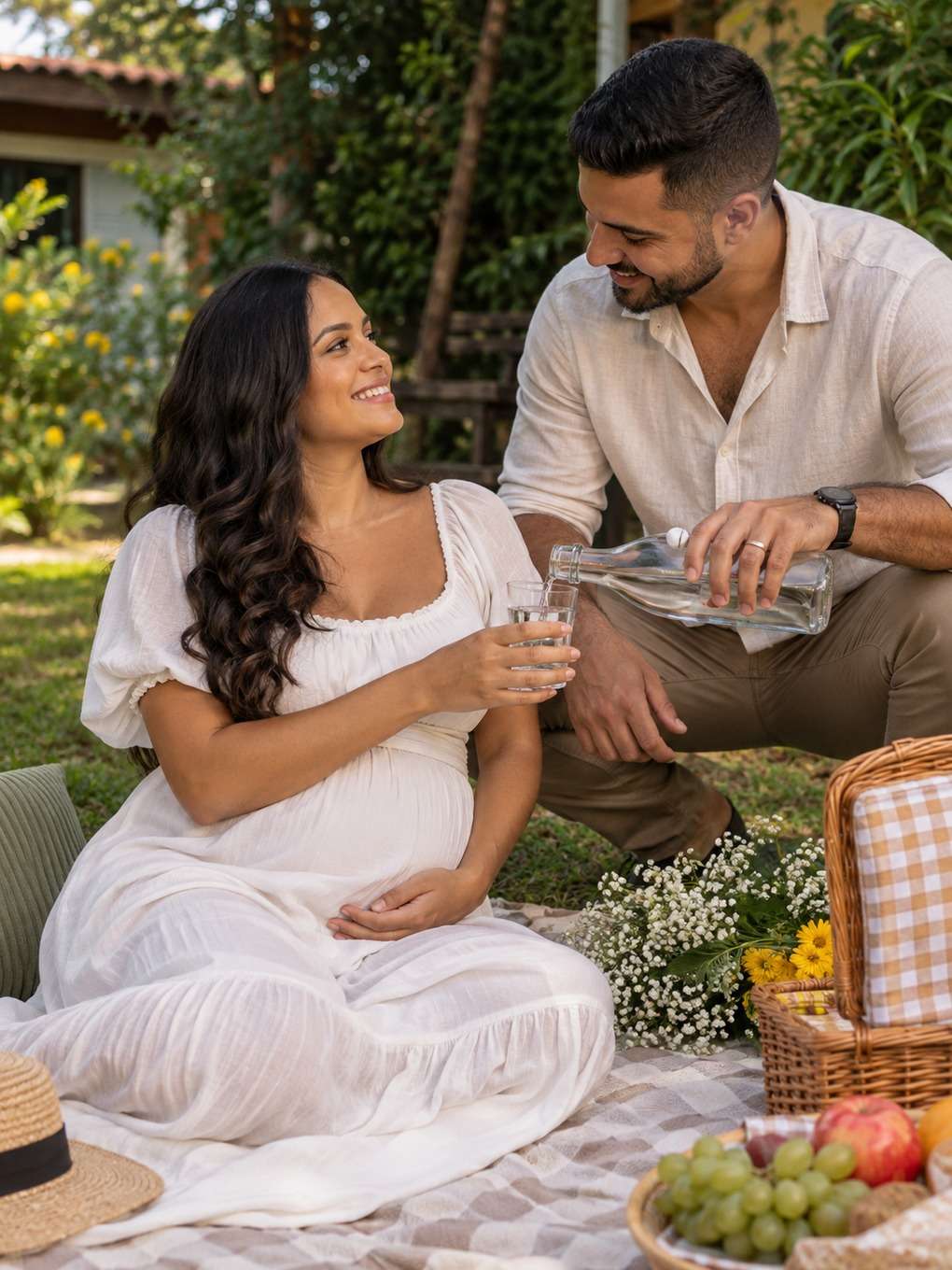 piquenique no jardim - exemplo de prompt ensaio gestante casal