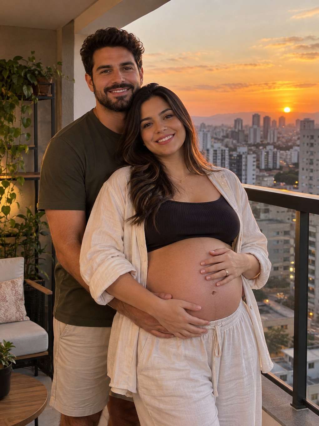 varanda ao entardecer - exemplo de prompt ensaio gestante casal