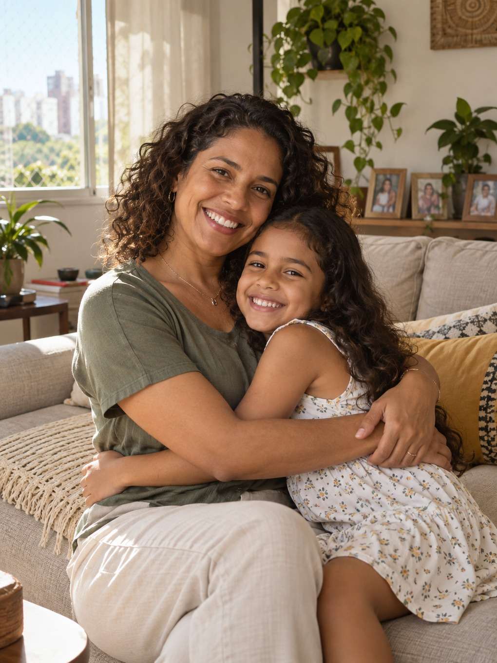 abraço na sala - exemplo de prompt mãe e filha