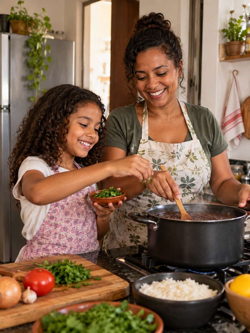 cozinha com almoço - exemplo de prompt mãe e filha