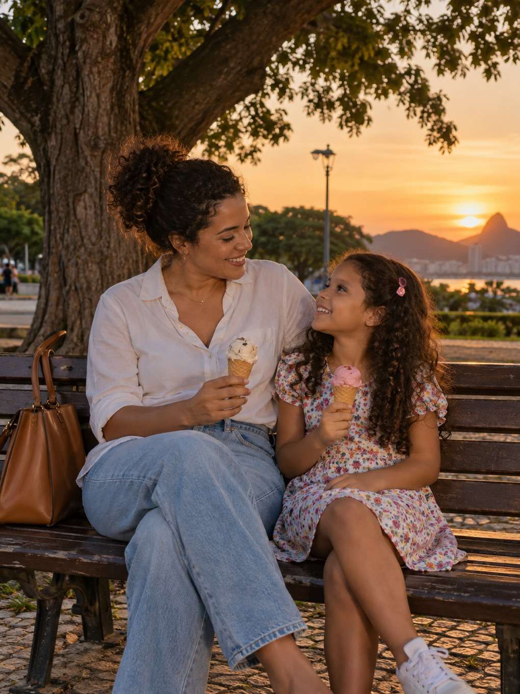 fim de tarde na praça - exemplo de prompt mãe e filha