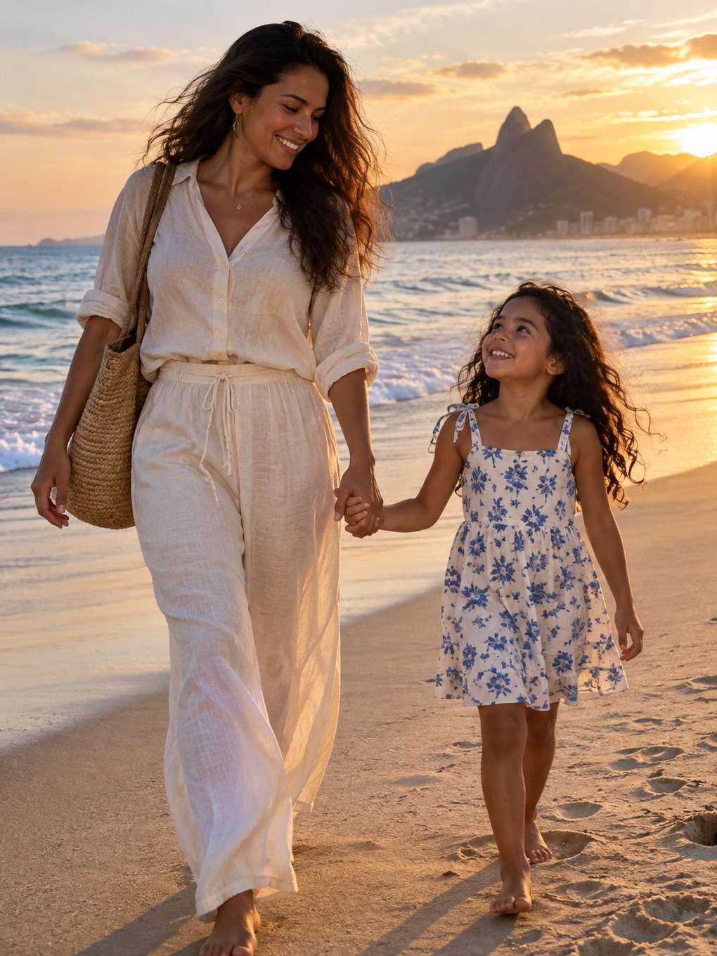 caminhada na praia - exemplo de prompt mãe e filha