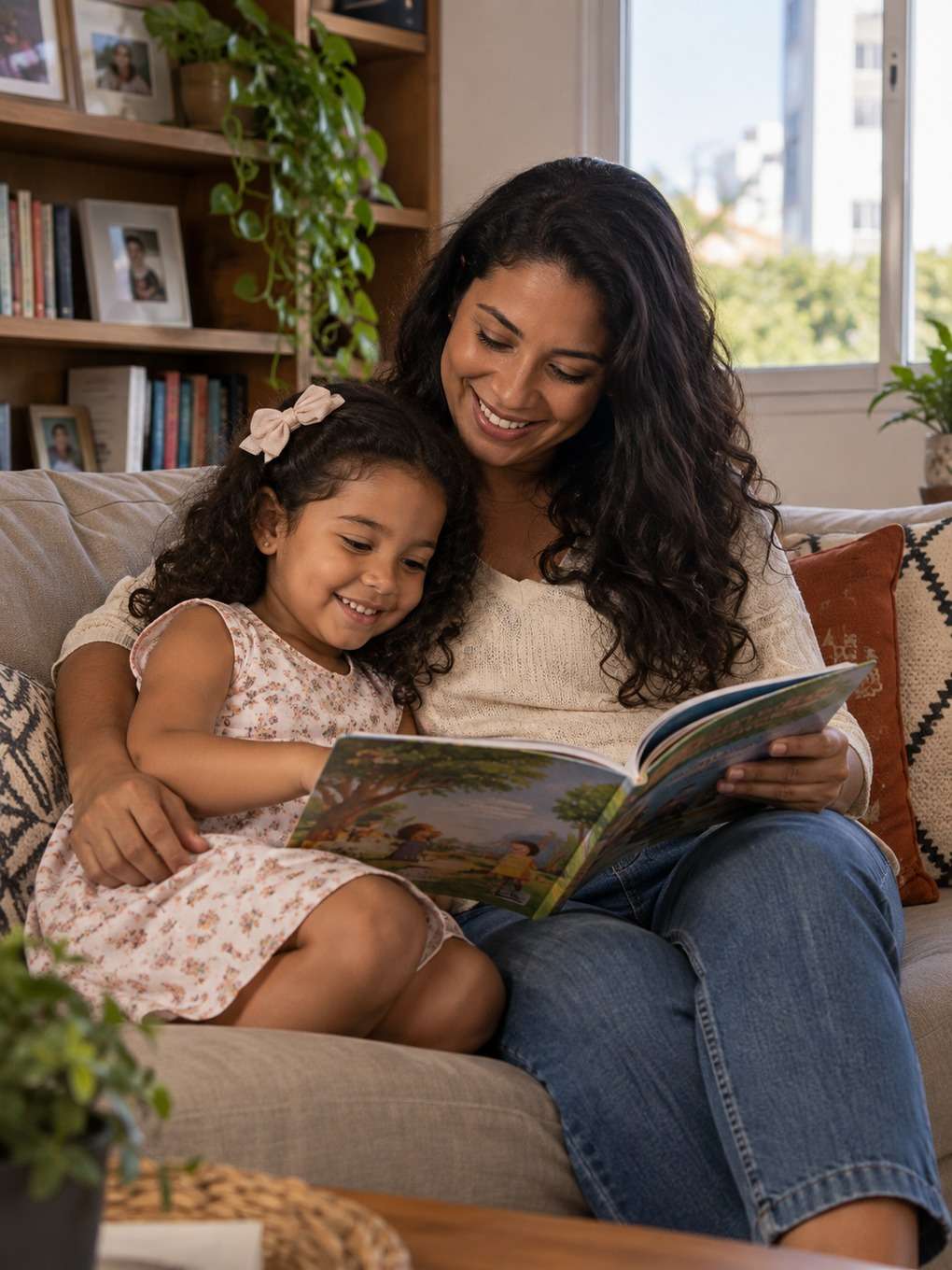 leitura no sofá - exemplo de prompt mãe e filha