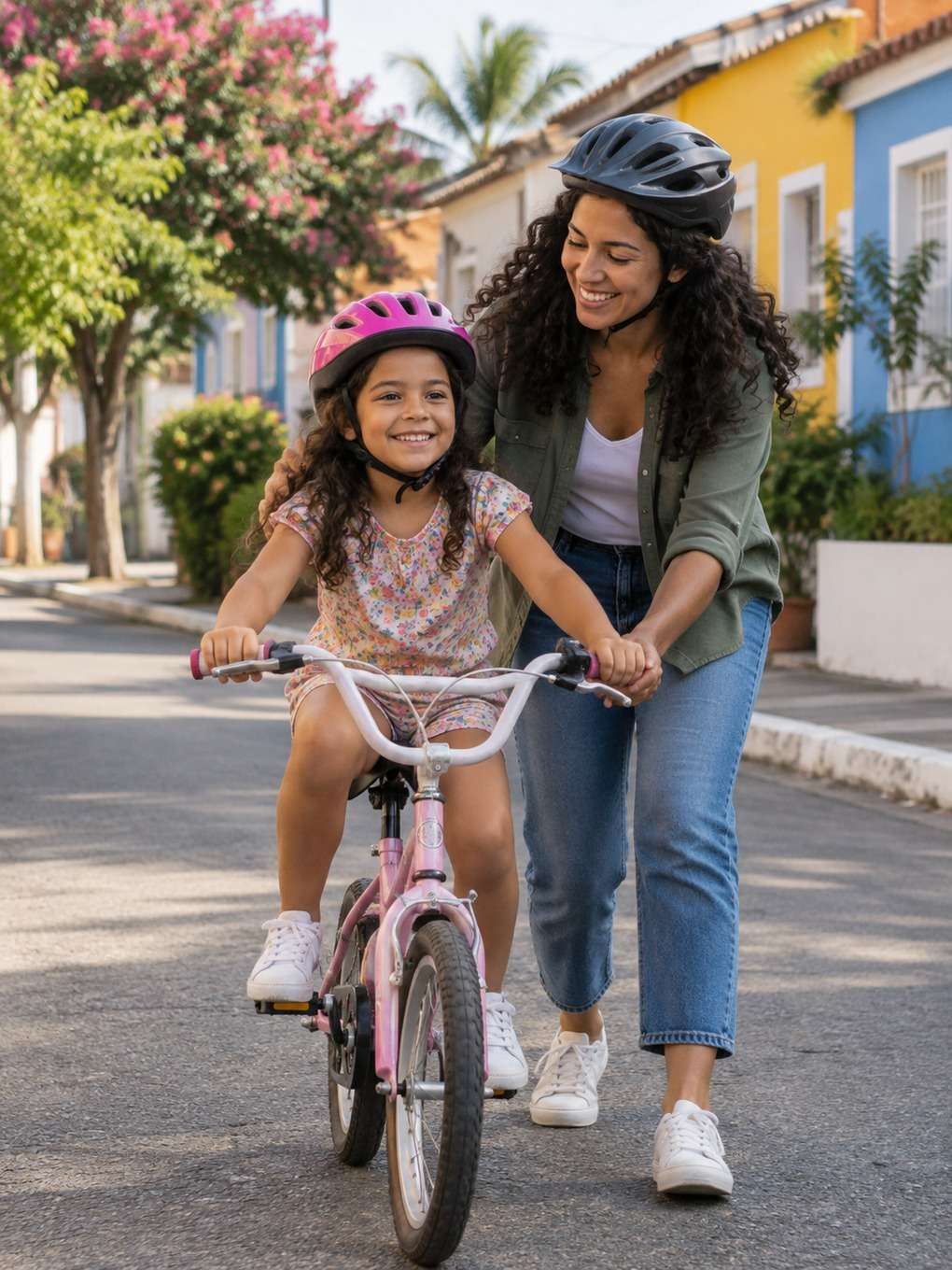 bicicleta na rua - exemplo de prompt mãe e filha