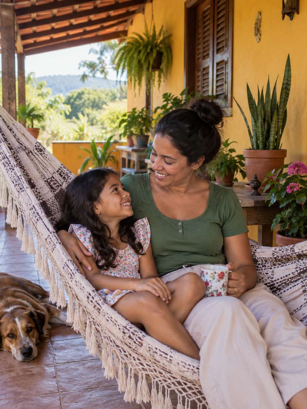 varanda com rede - exemplo de prompt mãe e filha