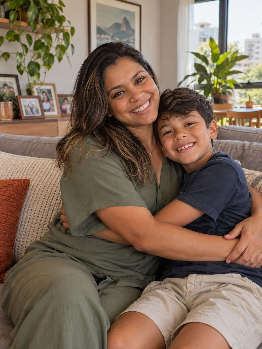 abraço na sala - exemplo de prompt mãe e filho