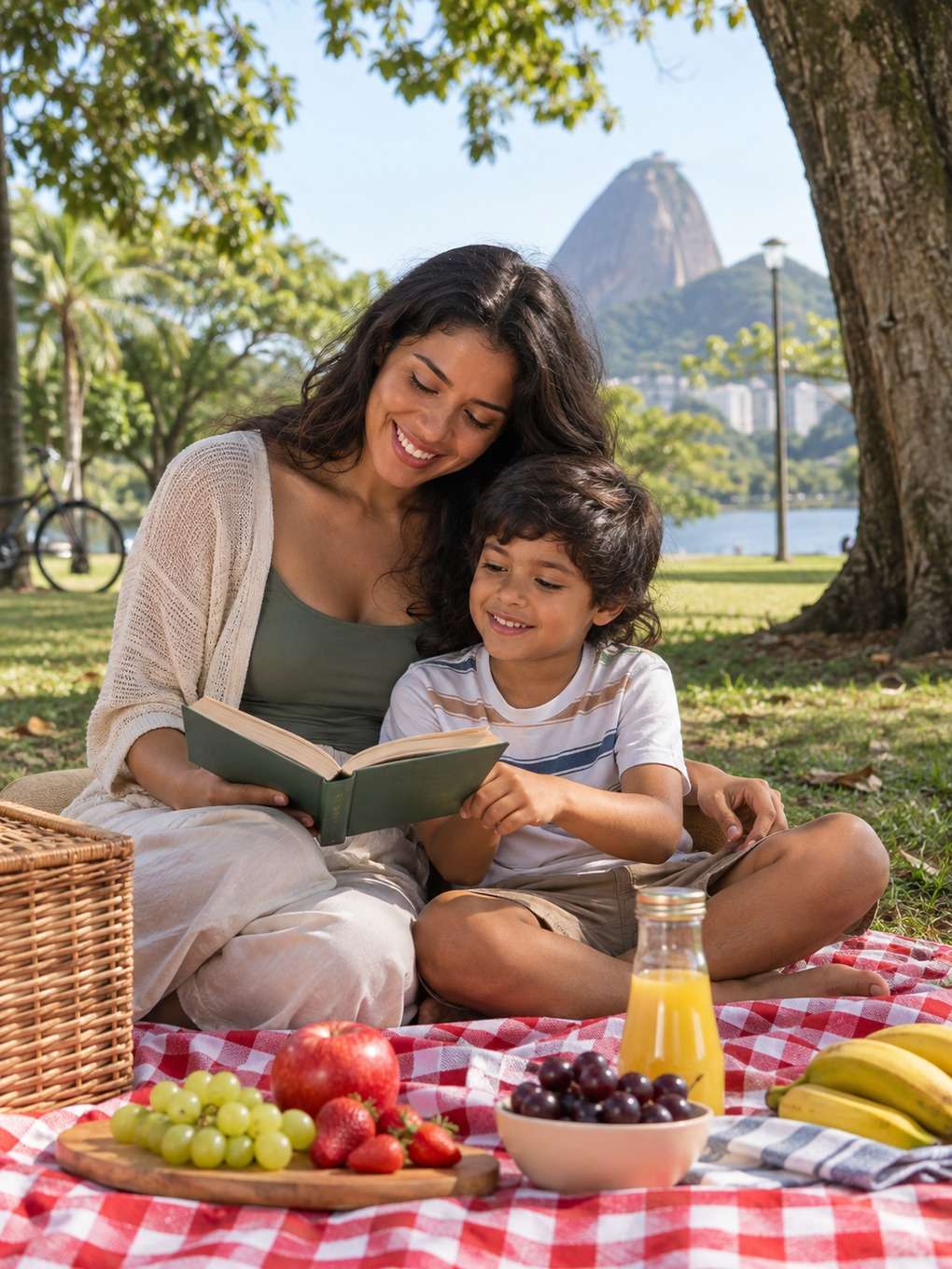 piquenique no parque - exemplo de prompt mãe e filho