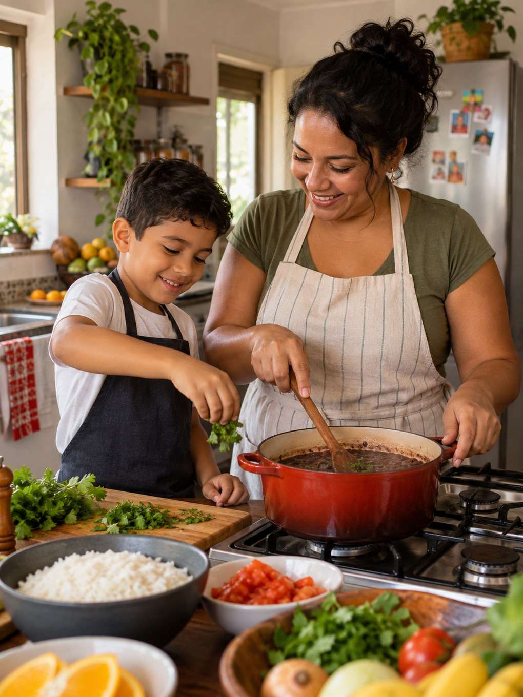 cozinha com almoço - exemplo de prompt mãe e filho