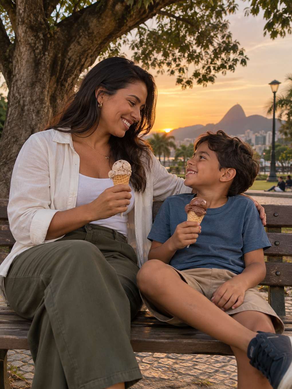 fim de tarde na praça - exemplo de prompt mãe e filho