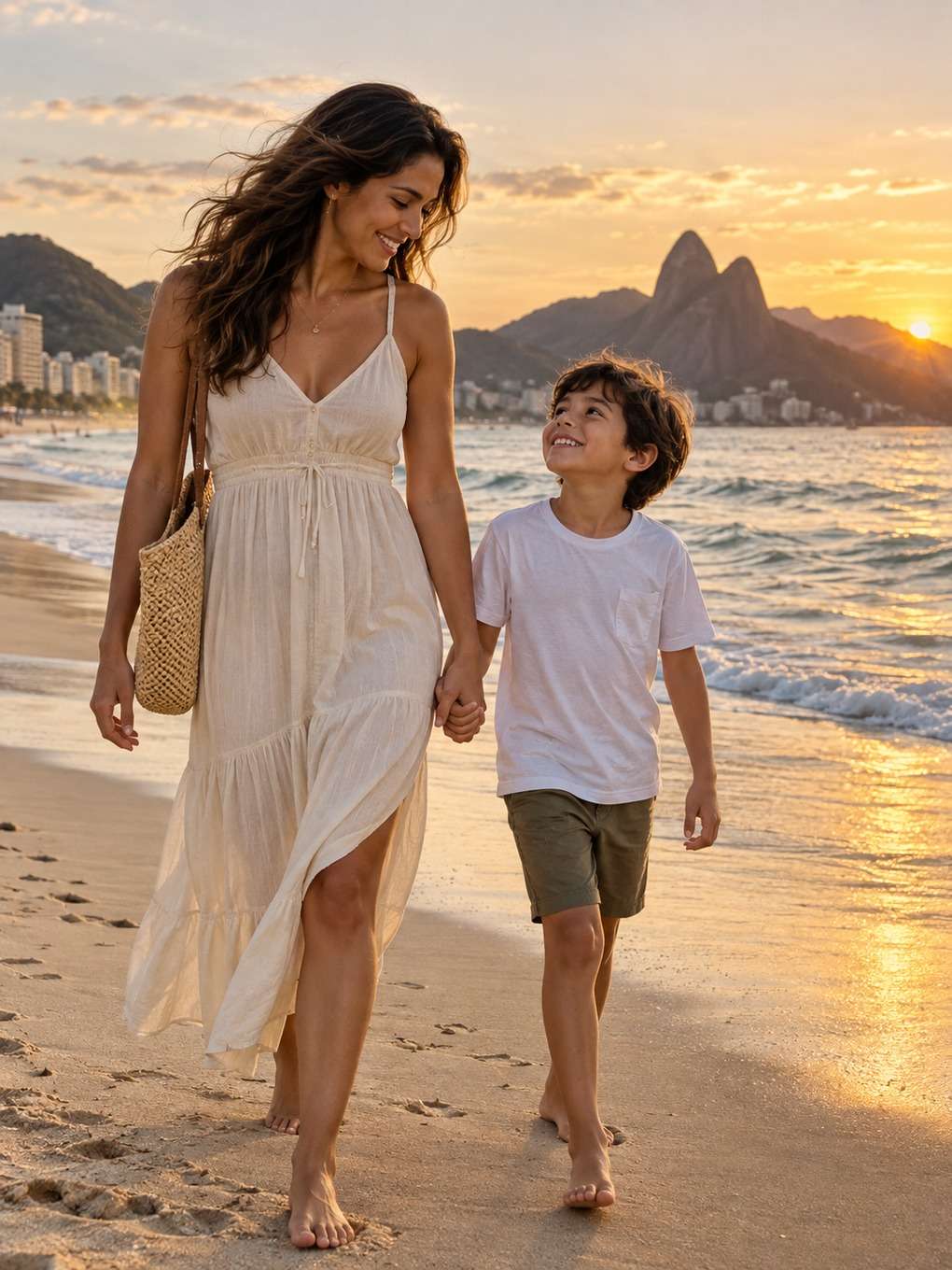 caminhada na praia - exemplo de prompt mãe e filho
