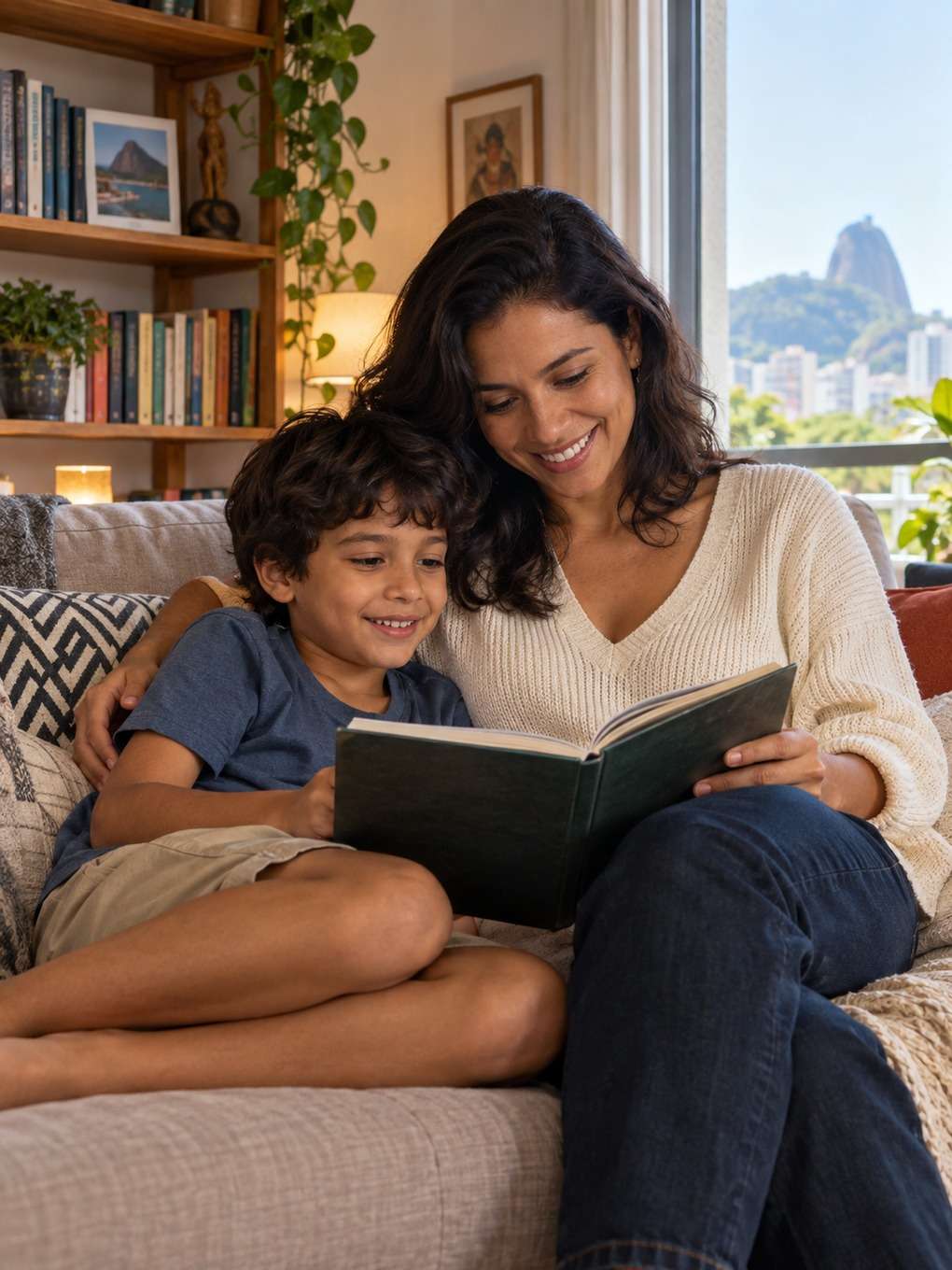 leitura no sofá - exemplo de prompt mãe e filho