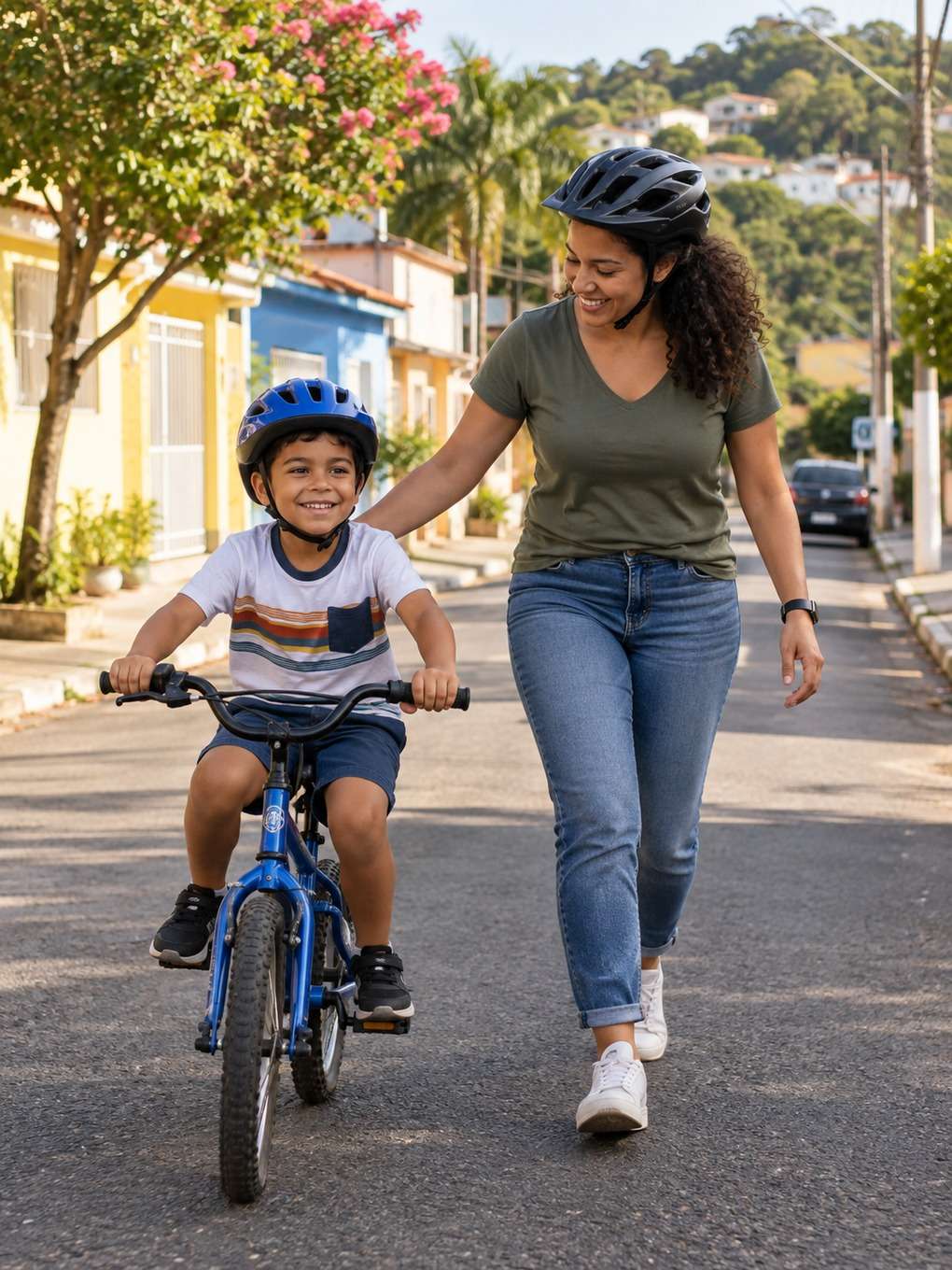 bicicleta na rua - exemplo de prompt mãe e filho
