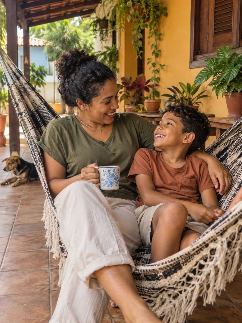 varanda com rede - exemplo de prompt mãe e filho