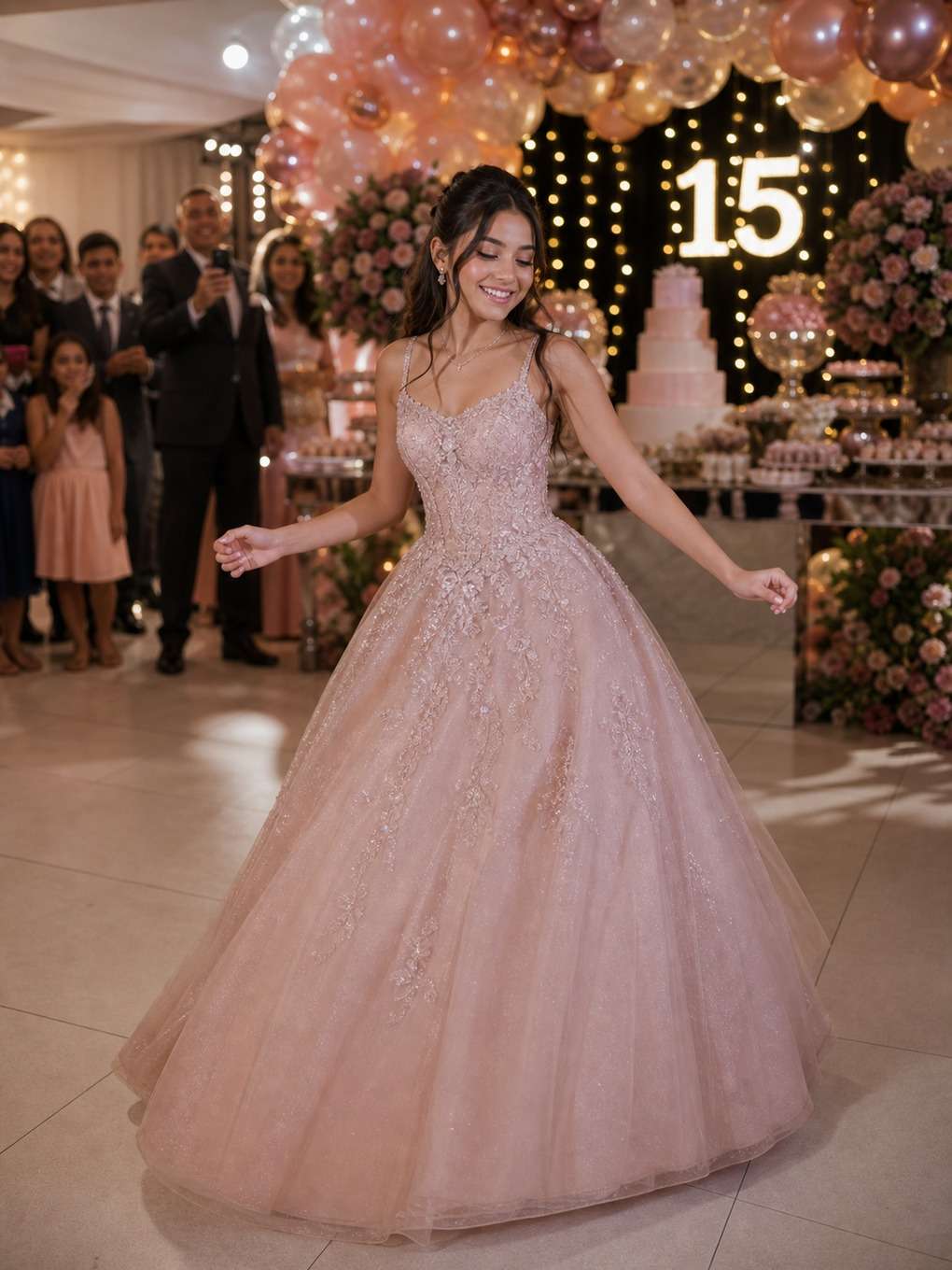 dança com família - exemplo de prompt para foto de 15 anos