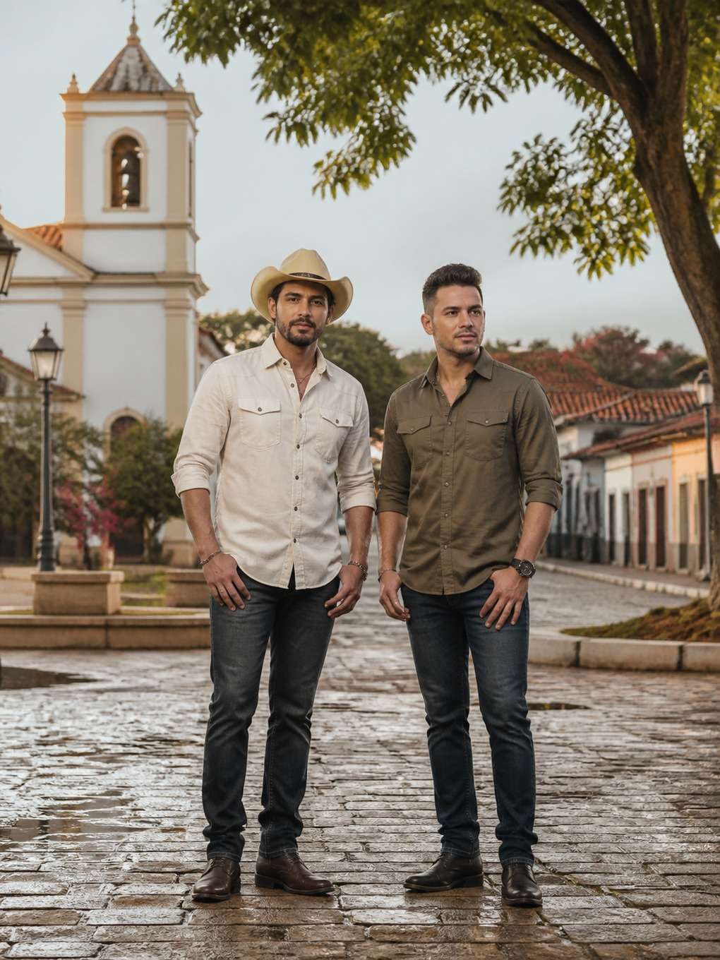dupla sertaneja em praça de cidade pequena - exemplo de prompt gpt foto dupla sertaneja