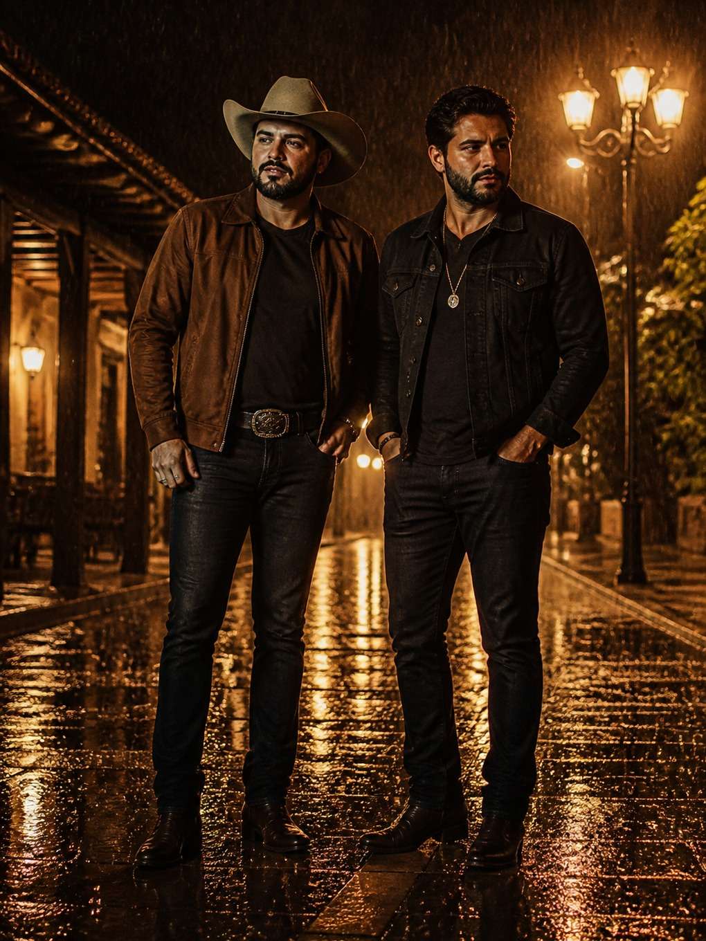 dupla sertaneja em clima de chuva leve - exemplo de prompt gpt foto dupla sertaneja