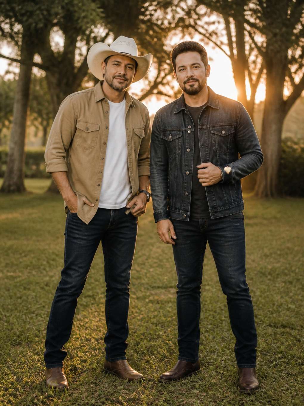 dupla sertaneja em parque ao amanhecer - exemplo de prompt gpt foto dupla sertaneja