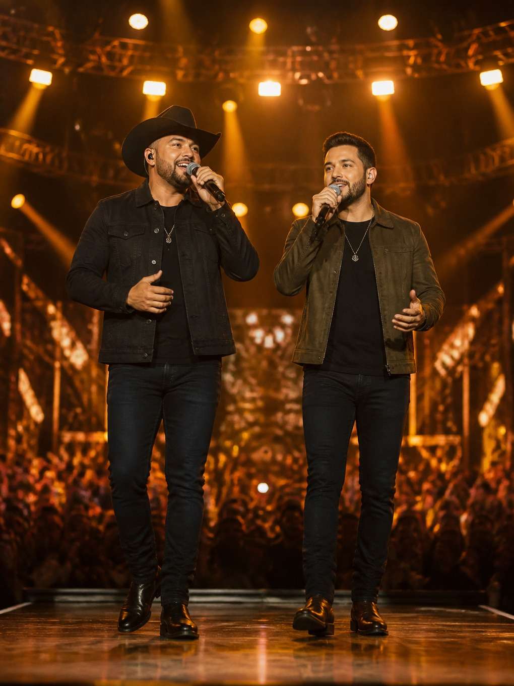 dupla sertaneja no palco com luzes quentes - exemplo de prompt gpt foto dupla sertaneja
