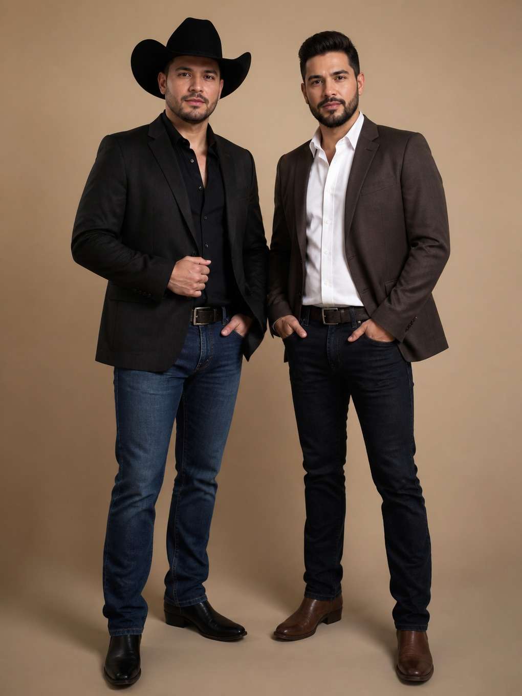 dupla sertaneja em estúdio com fundo bege - exemplo de prompt gpt foto dupla sertaneja