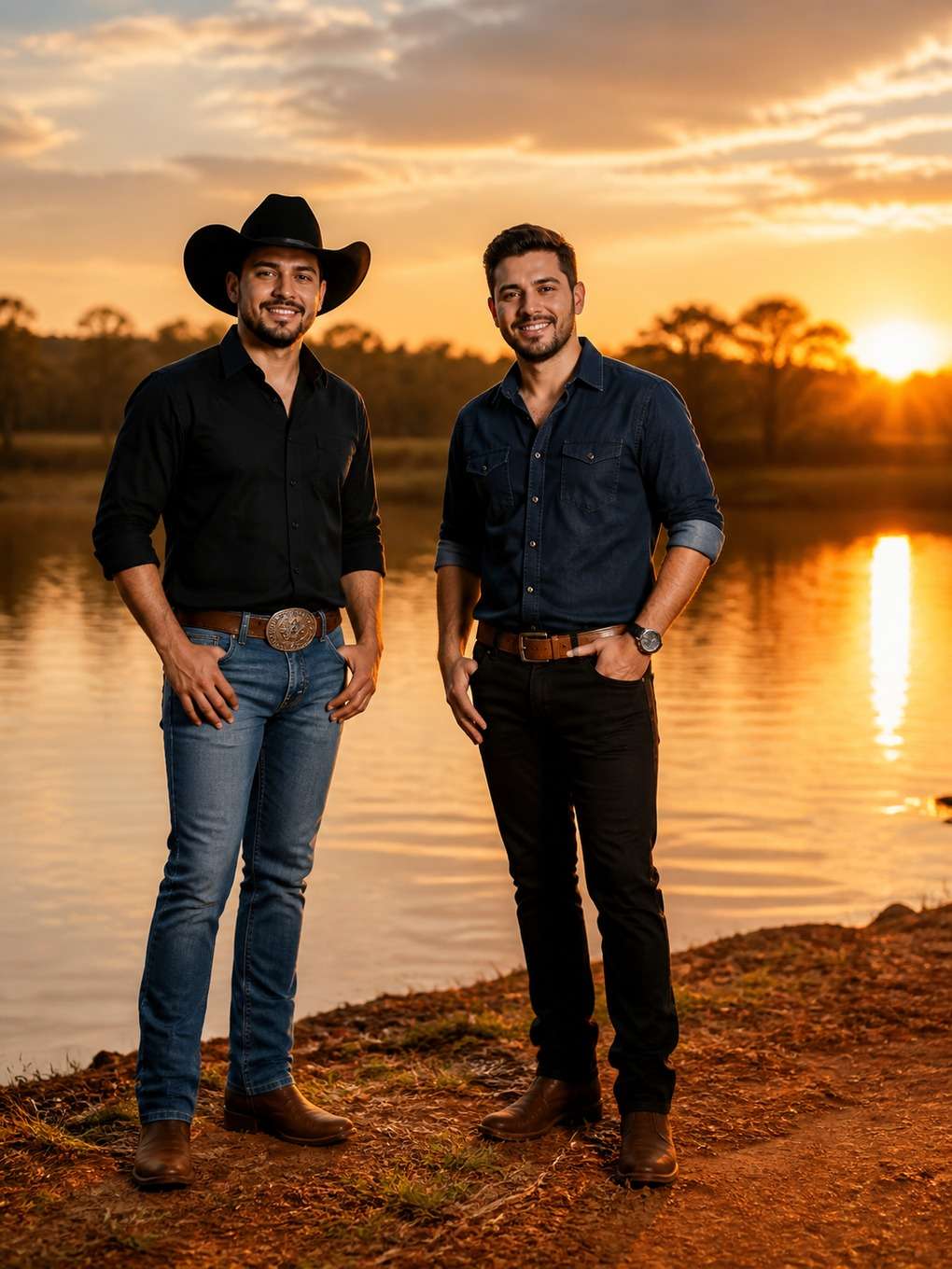 dupla sertaneja perto de lago ao pôr do sol - exemplo de prompt gpt foto dupla sertaneja
