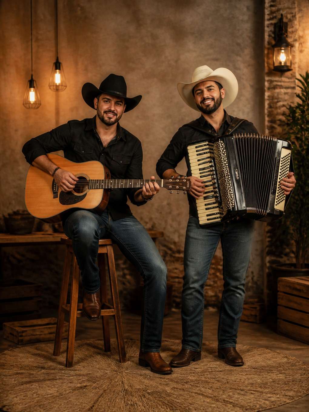 foto promocional com violão e sanfona - exemplo de prompt gpt foto dupla sertaneja