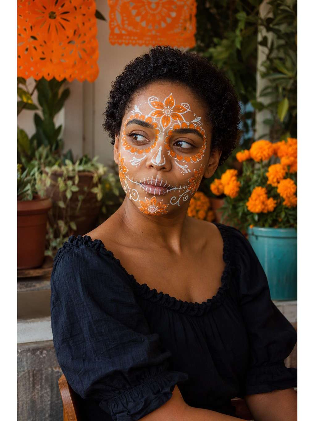 catrina floral: flores na varanda - exemplo de prompts de maquiagem de caveira mexicana para fotos
