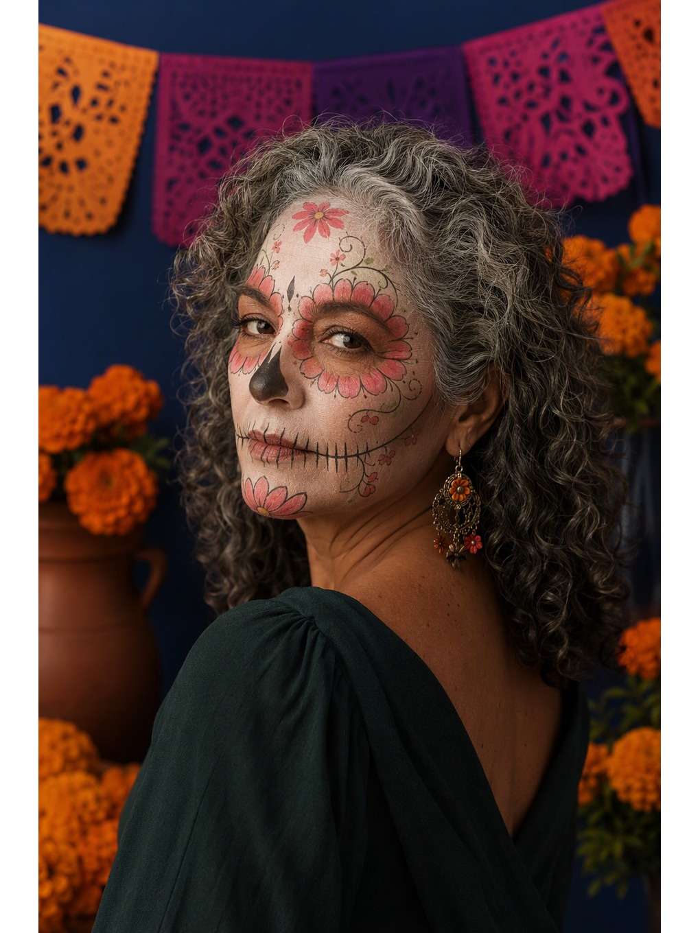 caveira delicada: fundo azul profundo - exemplo de prompts de maquiagem de caveira mexicana para fotos
