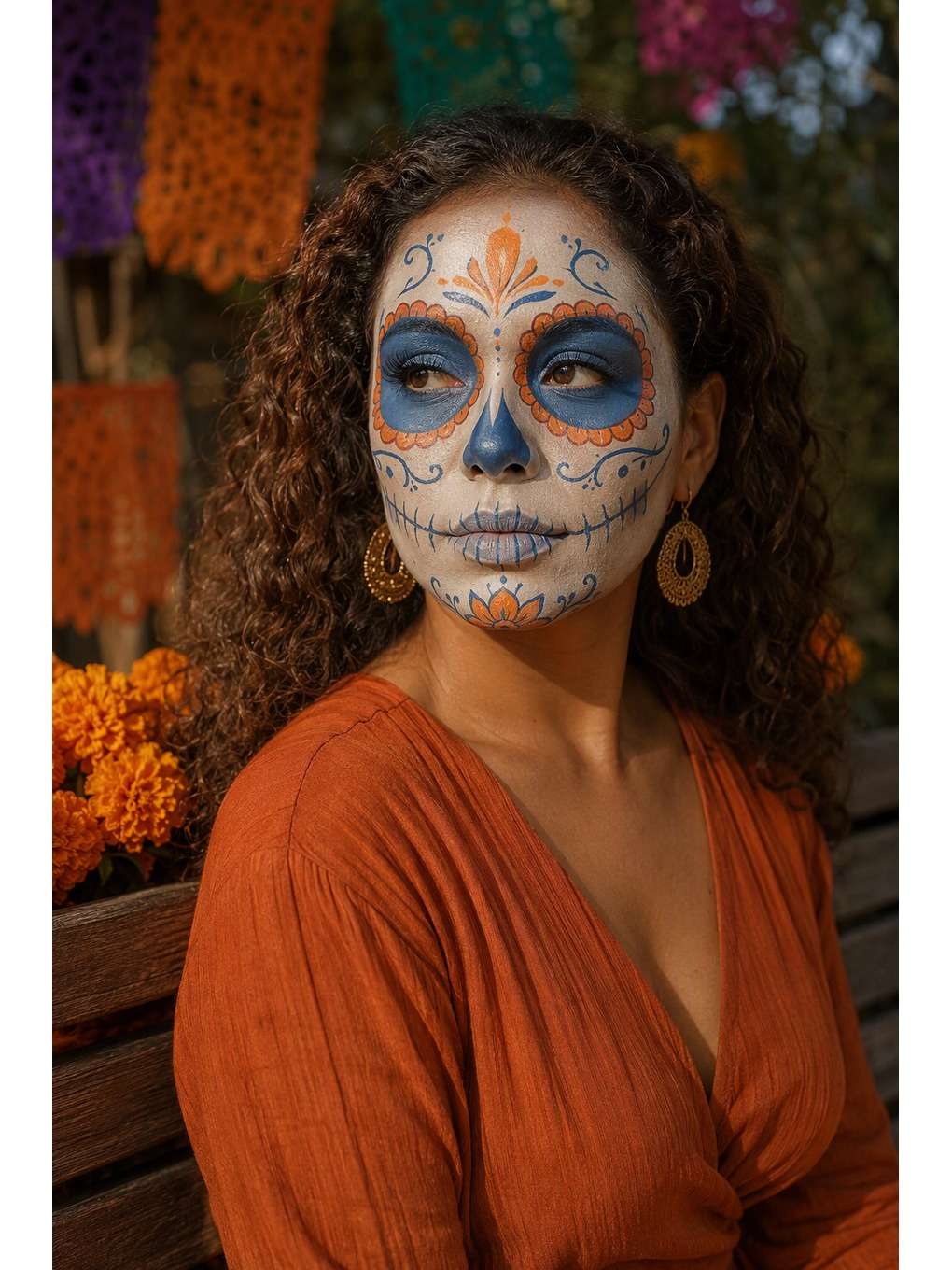 caveira colorida: banco no jardim - exemplo de prompts de maquiagem de caveira mexicana para fotos