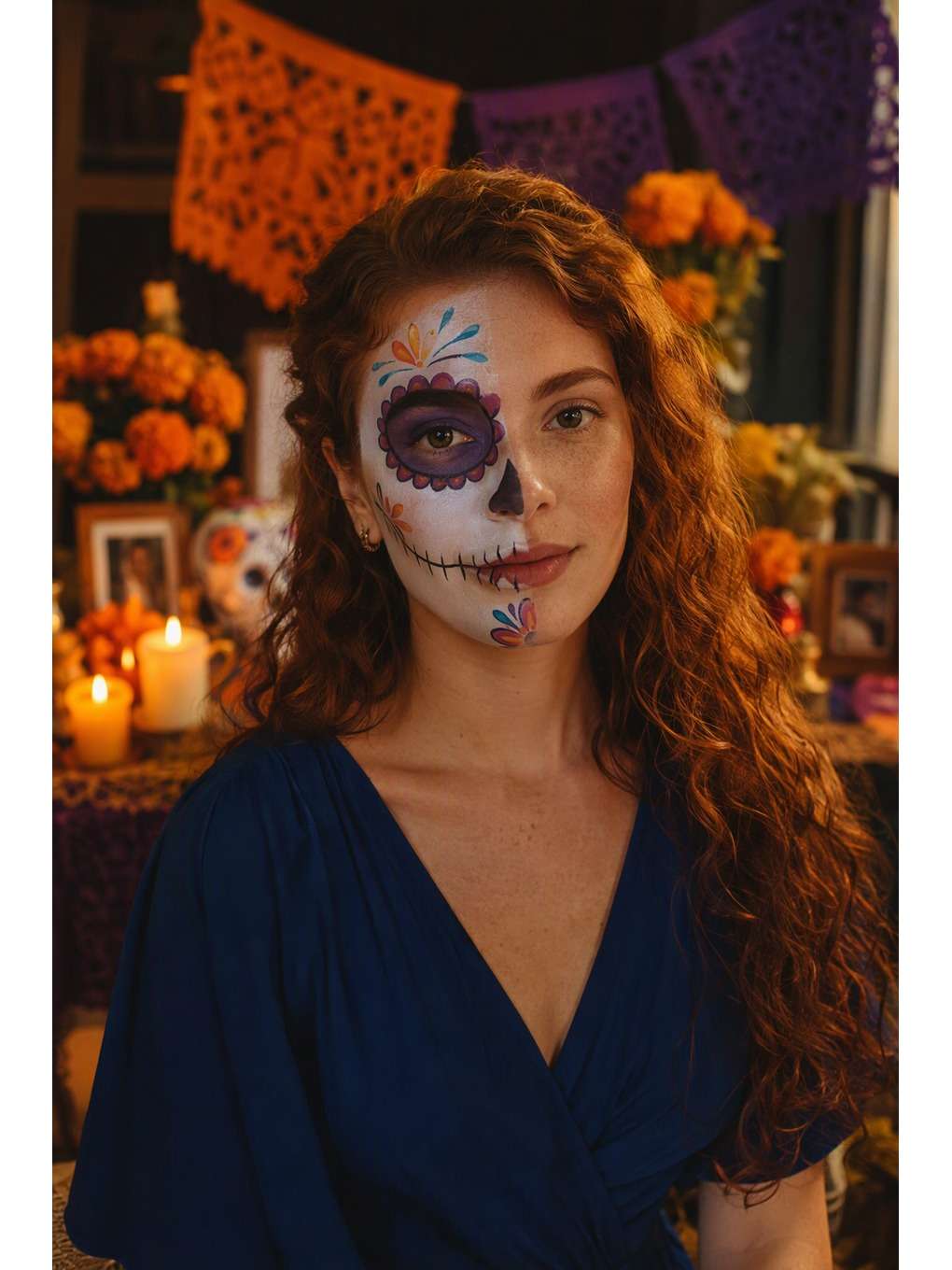 meio rosto: luz de homenagem - exemplo de prompts de maquiagem de caveira mexicana para fotos