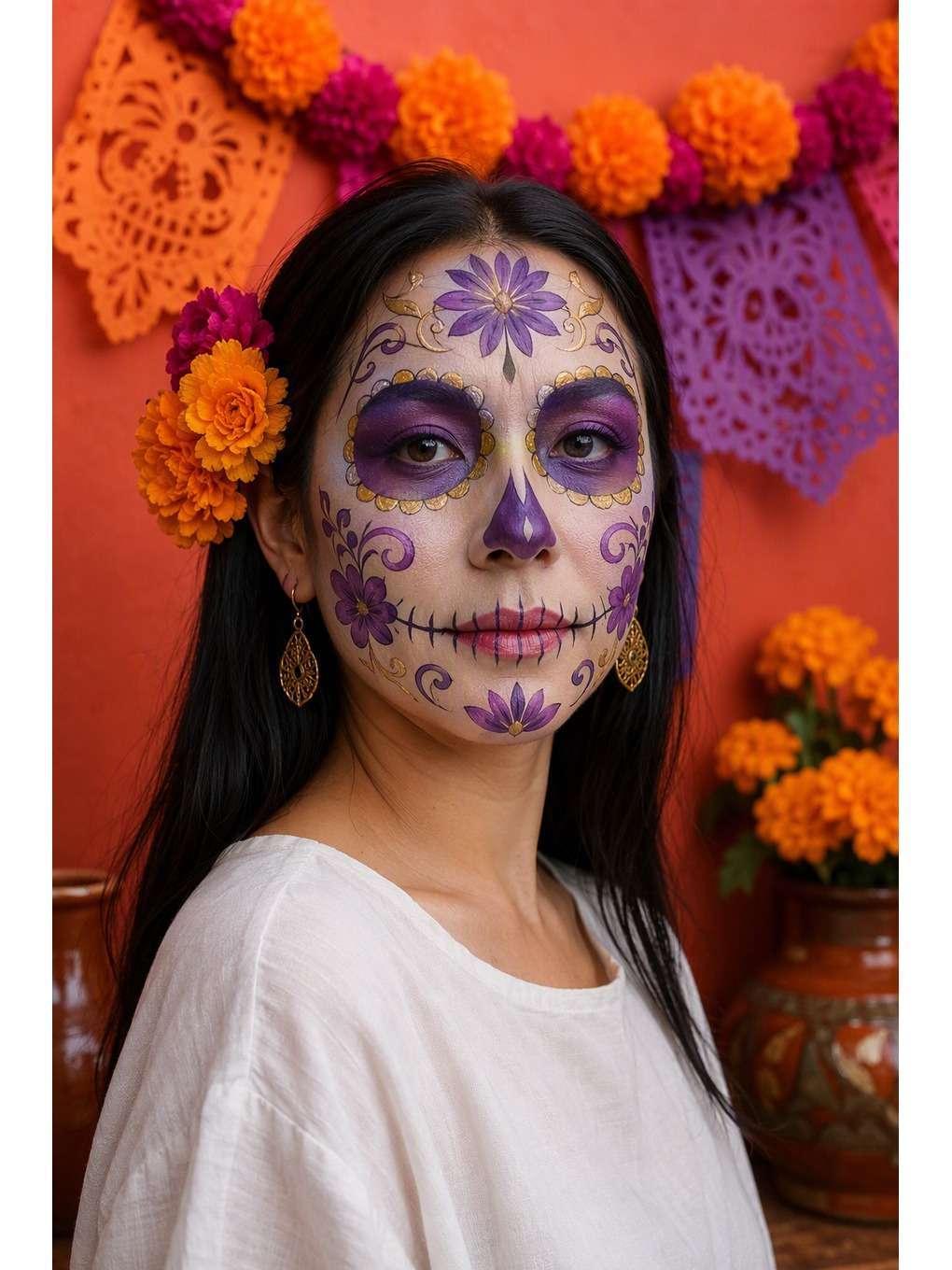 flores violetas: parede coral - exemplo de prompts de maquiagem de caveira mexicana para fotos