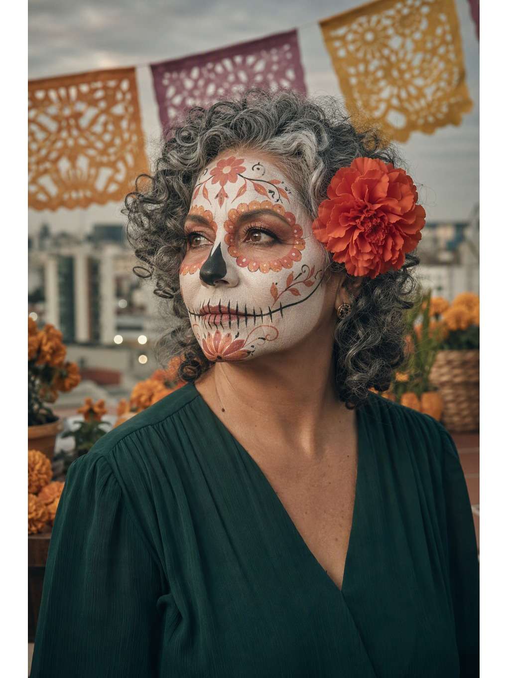caveira delicada: ensaio ao pôr do sol - exemplo de prompts de maquiagem de caveira mexicana para fotos