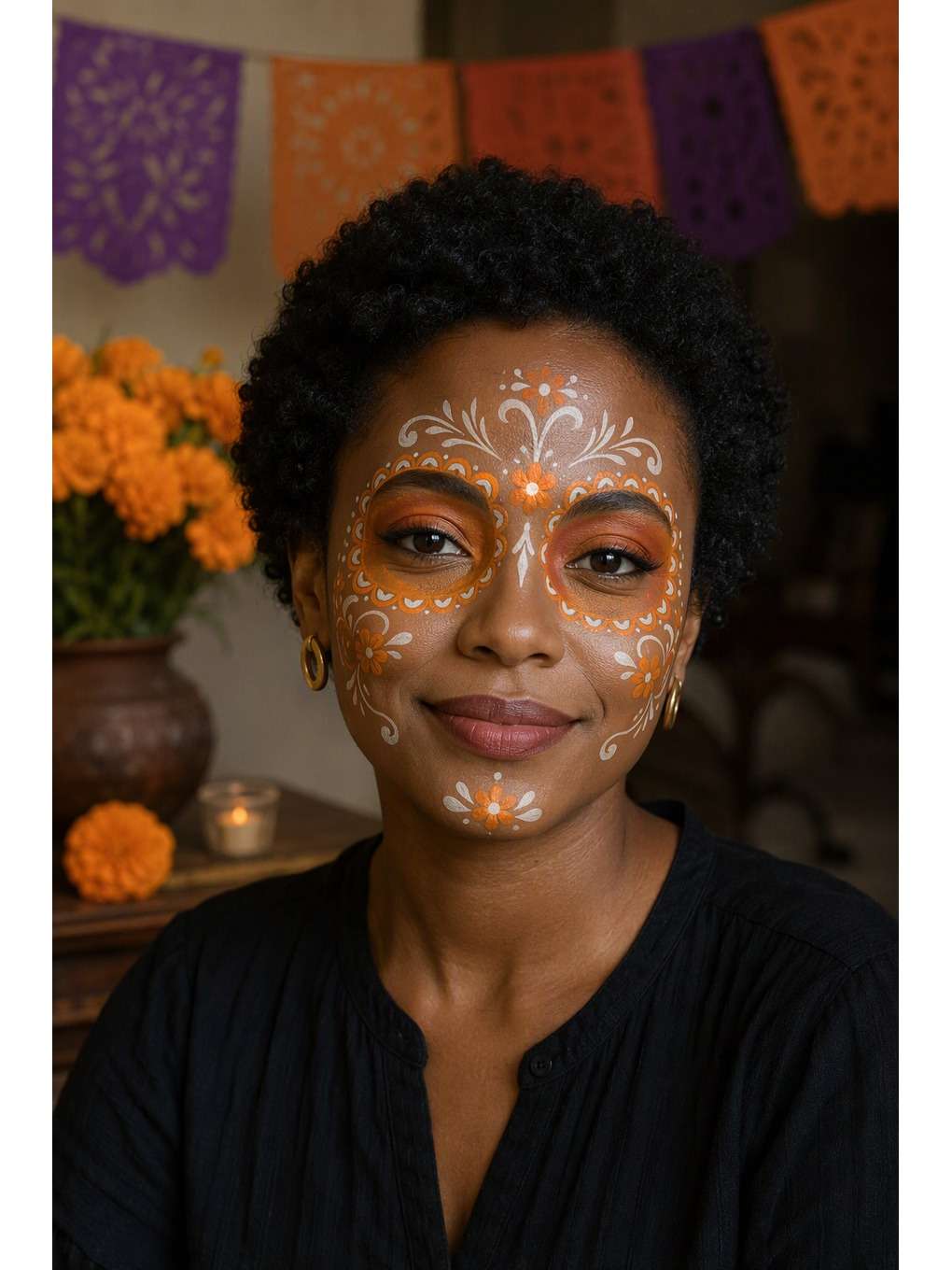 catrina floral: mesa de flores - exemplo de prompts de maquiagem de caveira mexicana para fotos