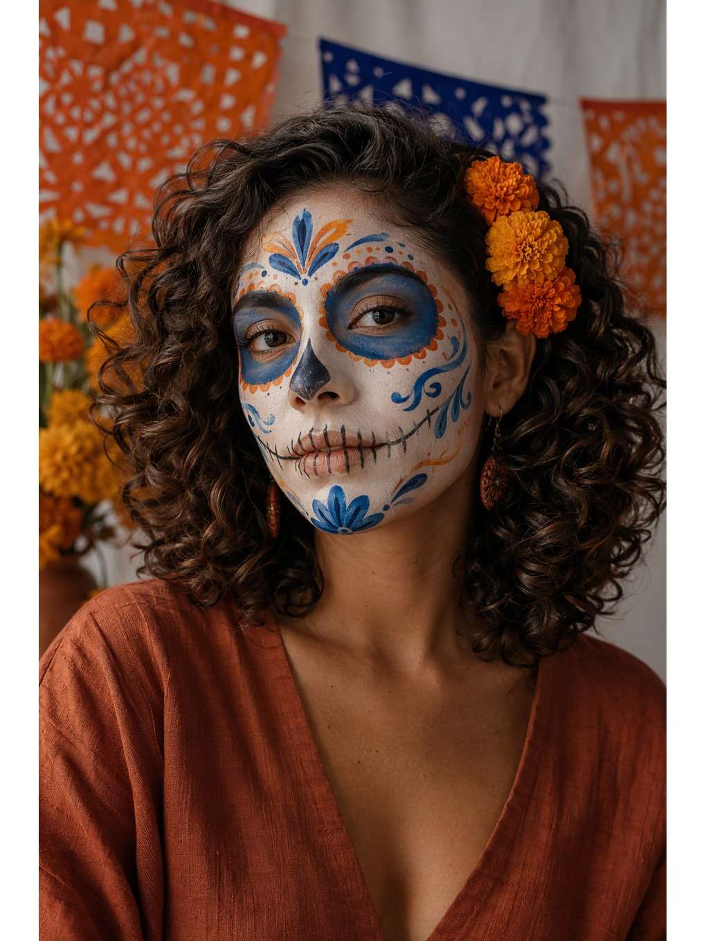 caveira colorida: cortina branca - exemplo de prompts de maquiagem de caveira mexicana para fotos