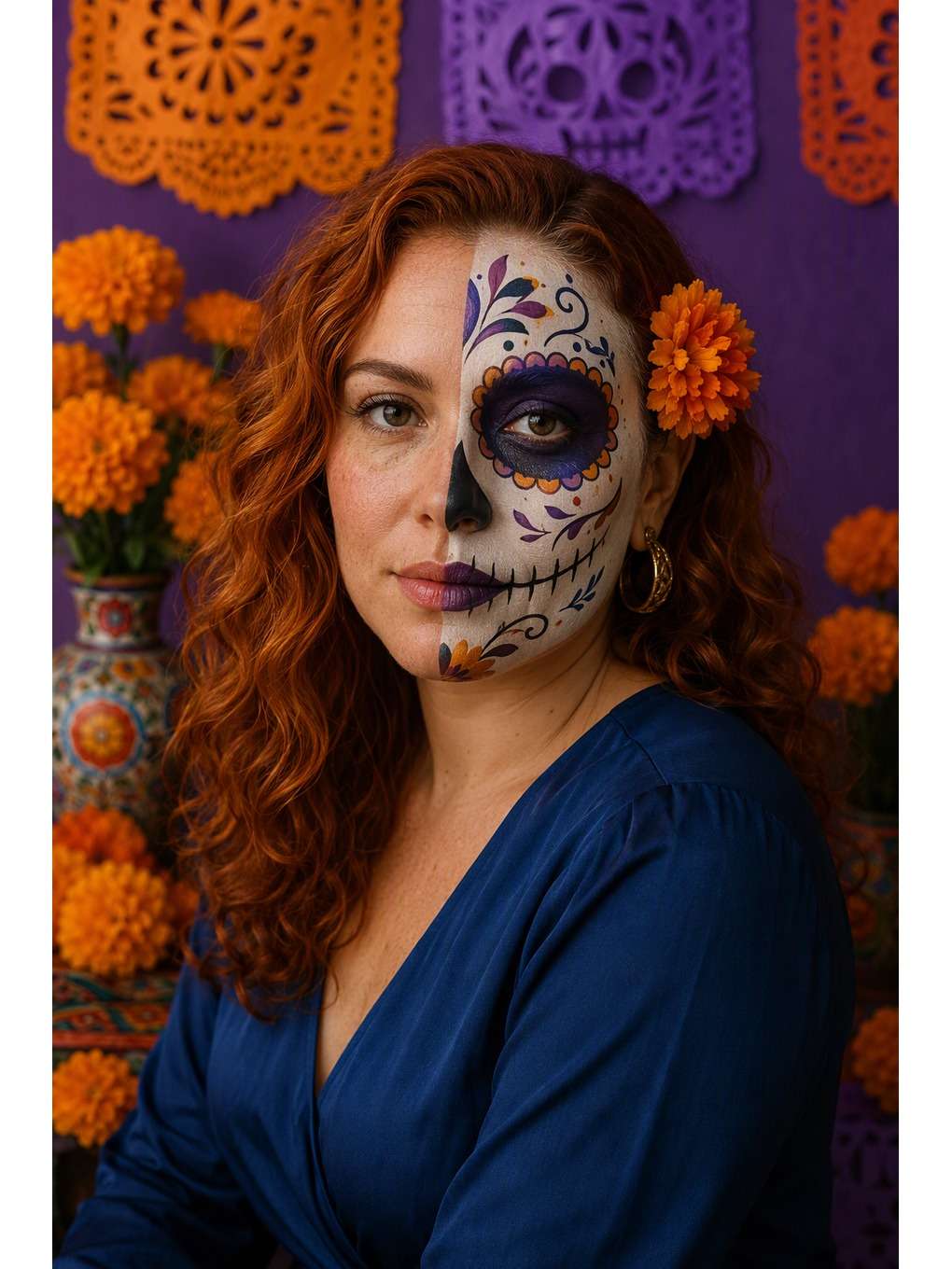 meio rosto: roxo e laranja - exemplo de prompts de maquiagem de caveira mexicana para fotos