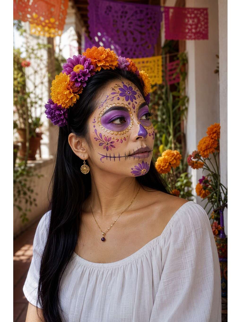 flores violetas: corredor de plantas - exemplo de prompts de maquiagem de caveira mexicana para fotos